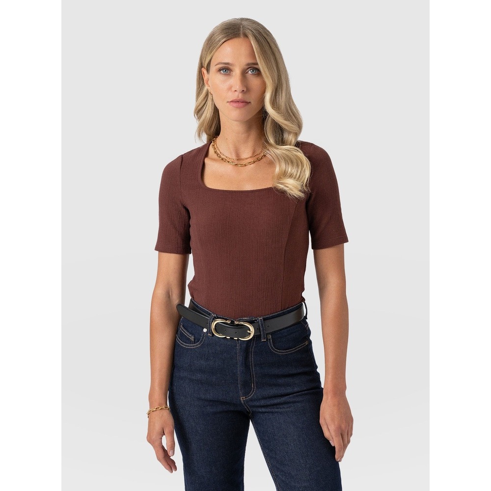 SAINT + SOFIA Akia Short Sleeve Tee - Maroon Textured Women's‎ 4 (S)